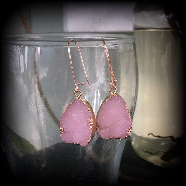 Pink Druzy earrings-Quartz earrings