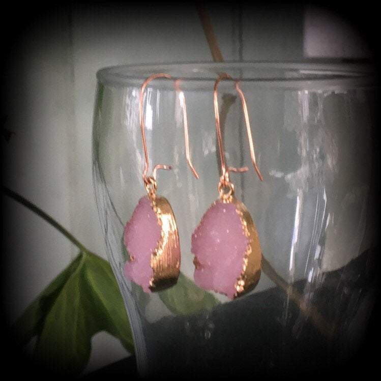 Pink Druzy earrings-Quartz earrings