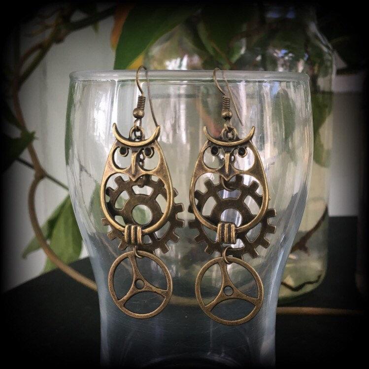 Bronze owl earrings-Steampunk earrings