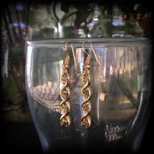 These adorable antique gold DNA helix earrings measure just under 6cms from tip to tip, and weigh only a few grams each.

This pair have been made with antique gold french hooks, suitable for pierced ears. 