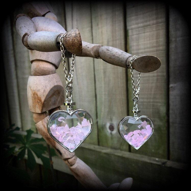 Rose quartz heart earrings-Tunnel dangles