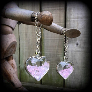 Rose quartz heart earrings-Tunnel dangles