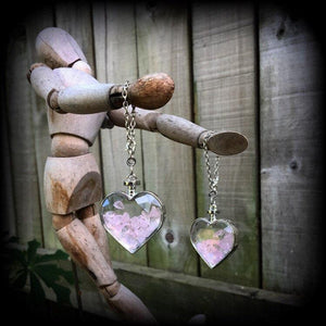 Rose quartz heart earrings-Tunnel dangles