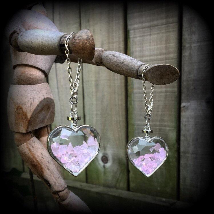 Rose quartz heart earrings-Tunnel dangles