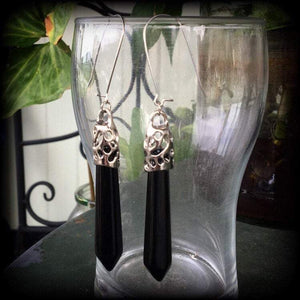 Black Obsidian earrings 6 gauge tunnel earrings Tunnel dangles Gemstone earrings Gemstone jewelry Ear hangers Pierced ears Stretched lobes 4mm 5mm 6mm 7mm 8mm 9mm 10mm body jewelry Witchy vibes Witchy jewelry Gothic earrings Gothic jewelry 2g 0g 00g