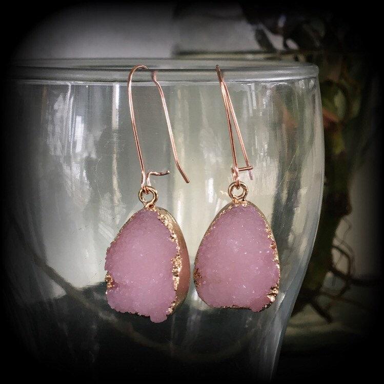 Pink Druzy earrings-Quartz earrings