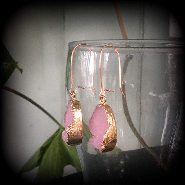 Pink Druzy earrings-Quartz earrings