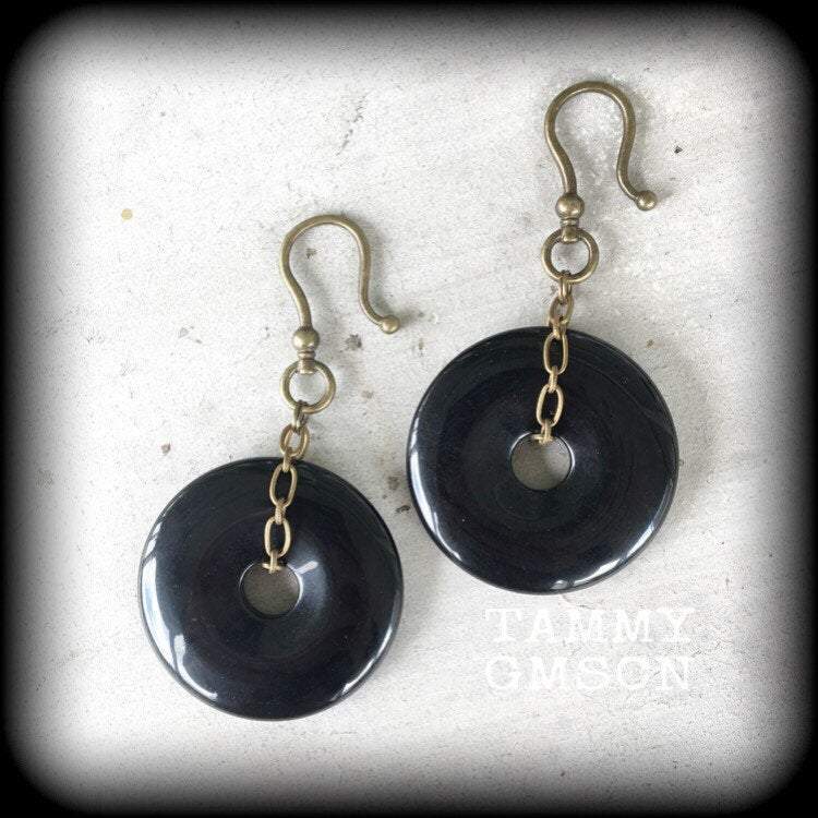 Black onyx gauged earrings-Gemstone earrings