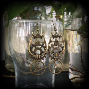 Bronze owl earrings-Steampunk earrings