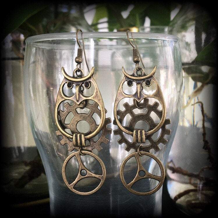 Bronze owl earrings-Steampunk earrings