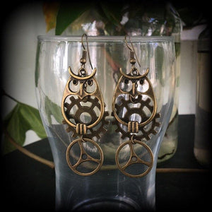 Bronze owl earrings-Steampunk earrings