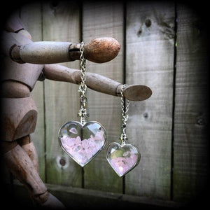 Rose quartz heart earrings-Tunnel dangles