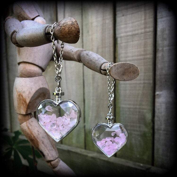 Rose quartz heart earrings-Tunnel dangles