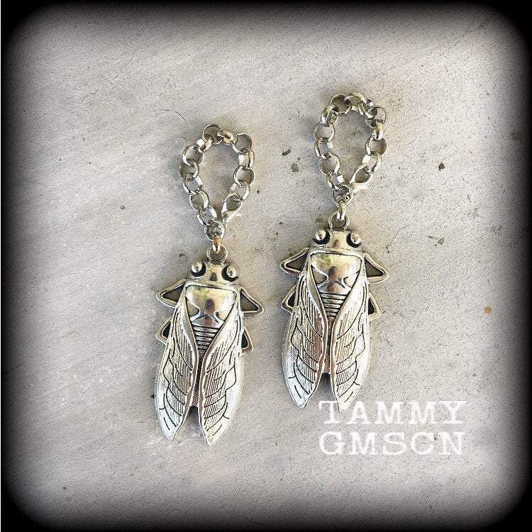 Silver cicada earrings-Tunnel dangles
