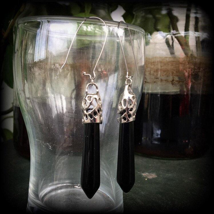 Black Obsidian earrings 6 gauge tunnel earrings Tunnel dangles Gemstone earrings Gemstone jewelry Ear hangers Pierced ears Stretched lobes 4mm 5mm 6mm 7mm 8mm 9mm 10mm body jewelry Witchy vibes Witchy jewelry Gothic earrings Gothic jewelry 2g 0g 00g