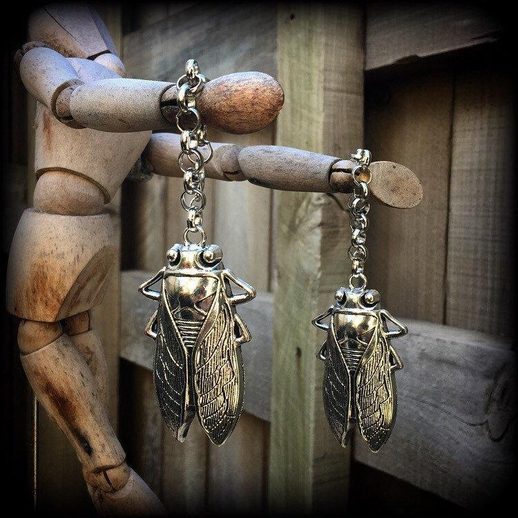 Silver cicada earrings-Tunnel dangles