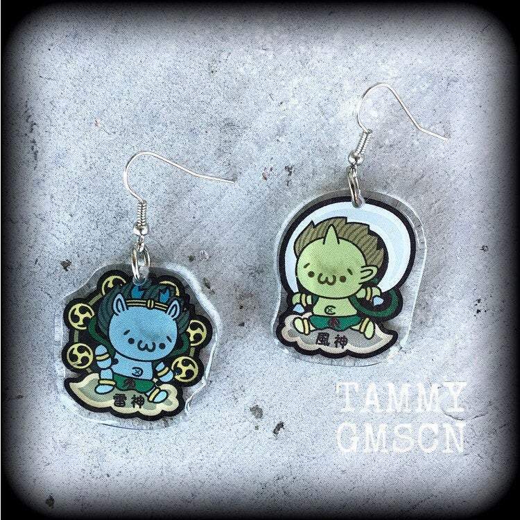 Fujin and Raijin earrings Japanese monster earrings Hannya earrings Oni Demon earrings Japanese mythology Folklore Pierced ears Ear gauges