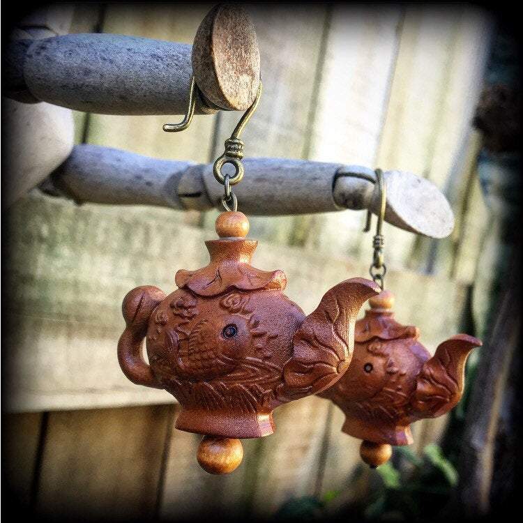 Teapot earrings-Carved wood earrings