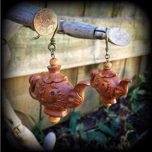 Teapot earrings-Carved wood earrings