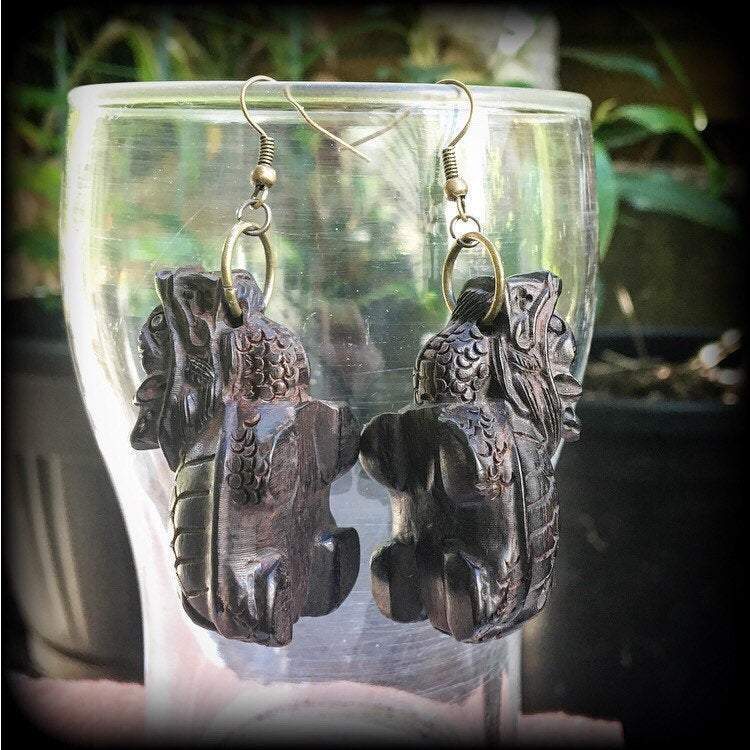 Dragon turtle earrings-Carved wood earrings