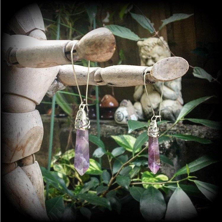 Amethyst earrings Amethyst body jewelry Gemstone earrings Gemstone ear hangers Pierced ears Stretched lobes Gauged earrings Tunnels
