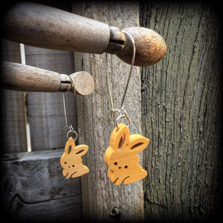 Rabbit earrings-Carved wood earrings