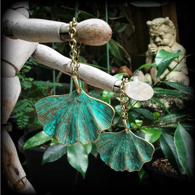 Ginkgo leaf earrings-Lotus leaf tunnel dangles