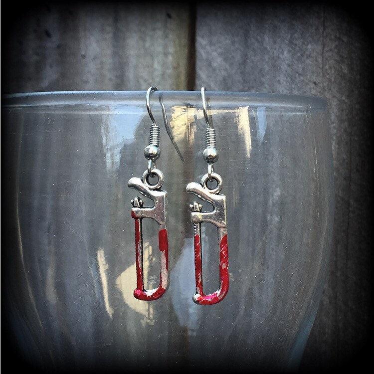 Bone saw earrings-Halloween earrings