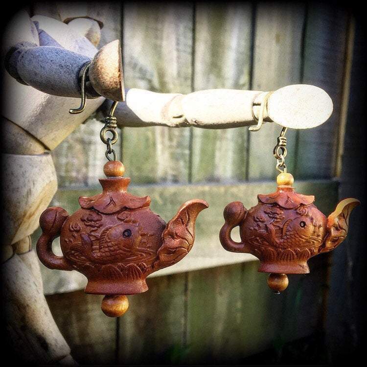 Teapot earrings-Carved wood earrings