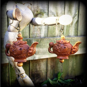 Teapot earrings-Carved wood earrings