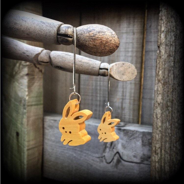 Rabbit earrings-Carved wood earrings