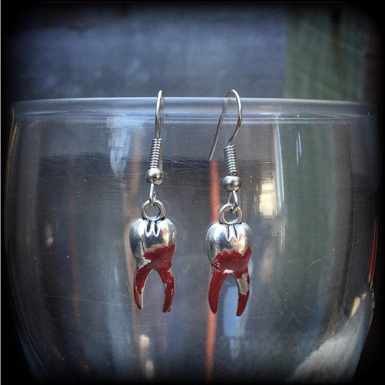 Bloodied tooth earrings-Halloween teeth earrings