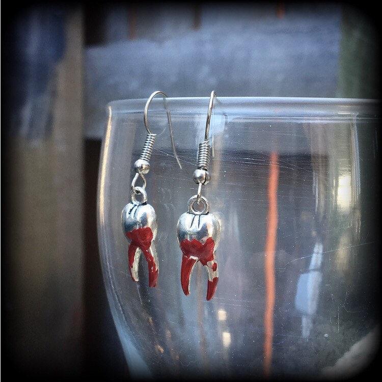 Bloodied tooth earrings-Halloween teeth earrings