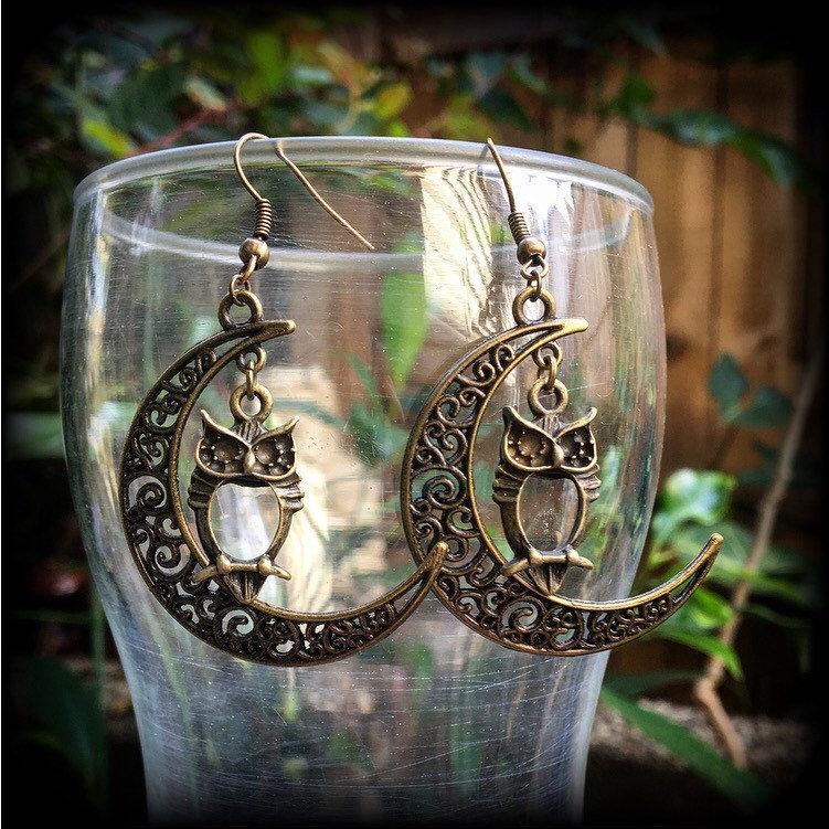 Crescent moon earrings-Owl earrings