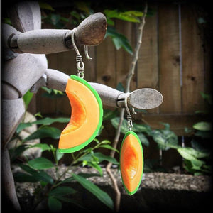 Melon earrings Rockmelon earrings Kitsch earrings Fruit earrings Retro earrings Fruit salad earrings 8 gauge ear weights Pierced ears Gauges Stretched ears Stretched lobes Gauged ears Gauged earrings Food earrings Food jewellery Gifts for vegans