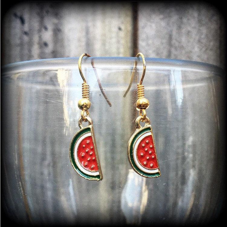 Watermelon earrings Fruit earrings Watermelon slice Fruit salad earrings Vegan earrings Retro earrings Kitsch earrings Pierced ears Gauges
