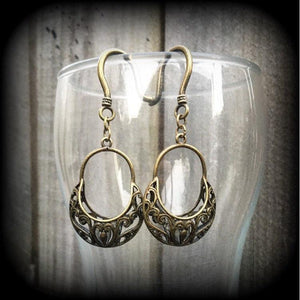 Picnic basket earrings Ornate bronze earrings 8 gauge earrings Pierced ears Tunnel dangles Tunnel earrings Ear hangers Gauged earrings