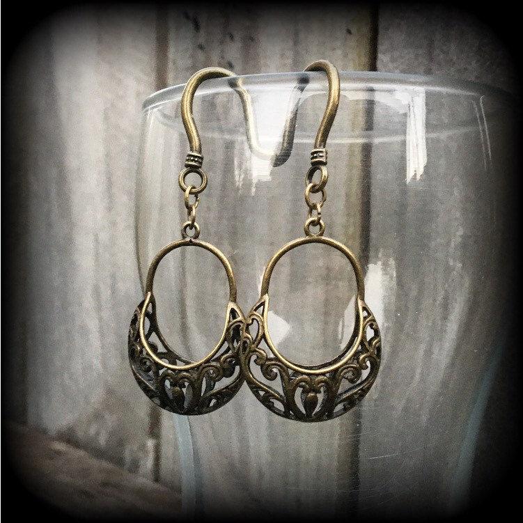 Picnic basket earrings Ornate bronze earrings 8 gauge earrings Pierced ears Tunnel dangles Tunnel earrings Ear hangers Gauged earrings