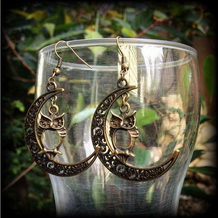 Crescent moon earrings-Owl earrings