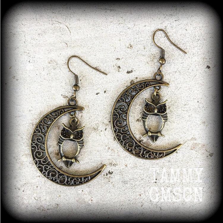 Crescent moon earrings-Owl earrings