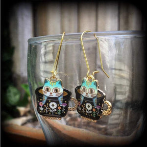 Cat earrings Folk art earrings Teapot earrings Teacup earrings Cat jewelry Crazy cat lady earrings Pierced ears Tunnel dangles Plugs Ear gauges