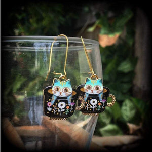 Cat earrings Folk art earrings Teapot earrings Teacup earrings Cat jewelry Crazy cat lady earrings Pierced ears Tunnel dangles Plugs Ear gauges