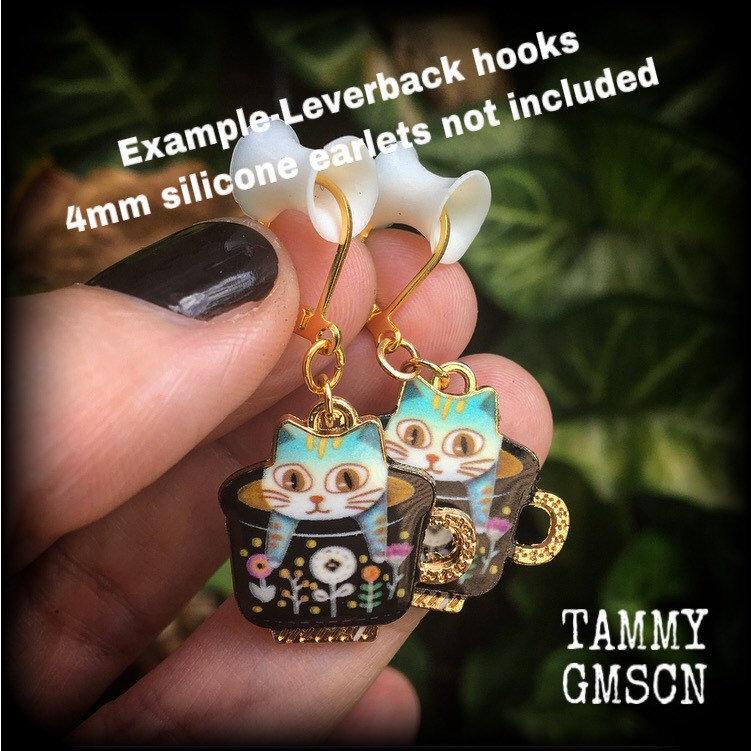 Cat earrings Folk art earrings Teapot earrings Teacup earrings Cat jewelry Crazy cat lady earrings Pierced ears Tunnel dangles Plugs Ear gauges