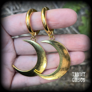Antique gold crescent moon gauged hoop earrings