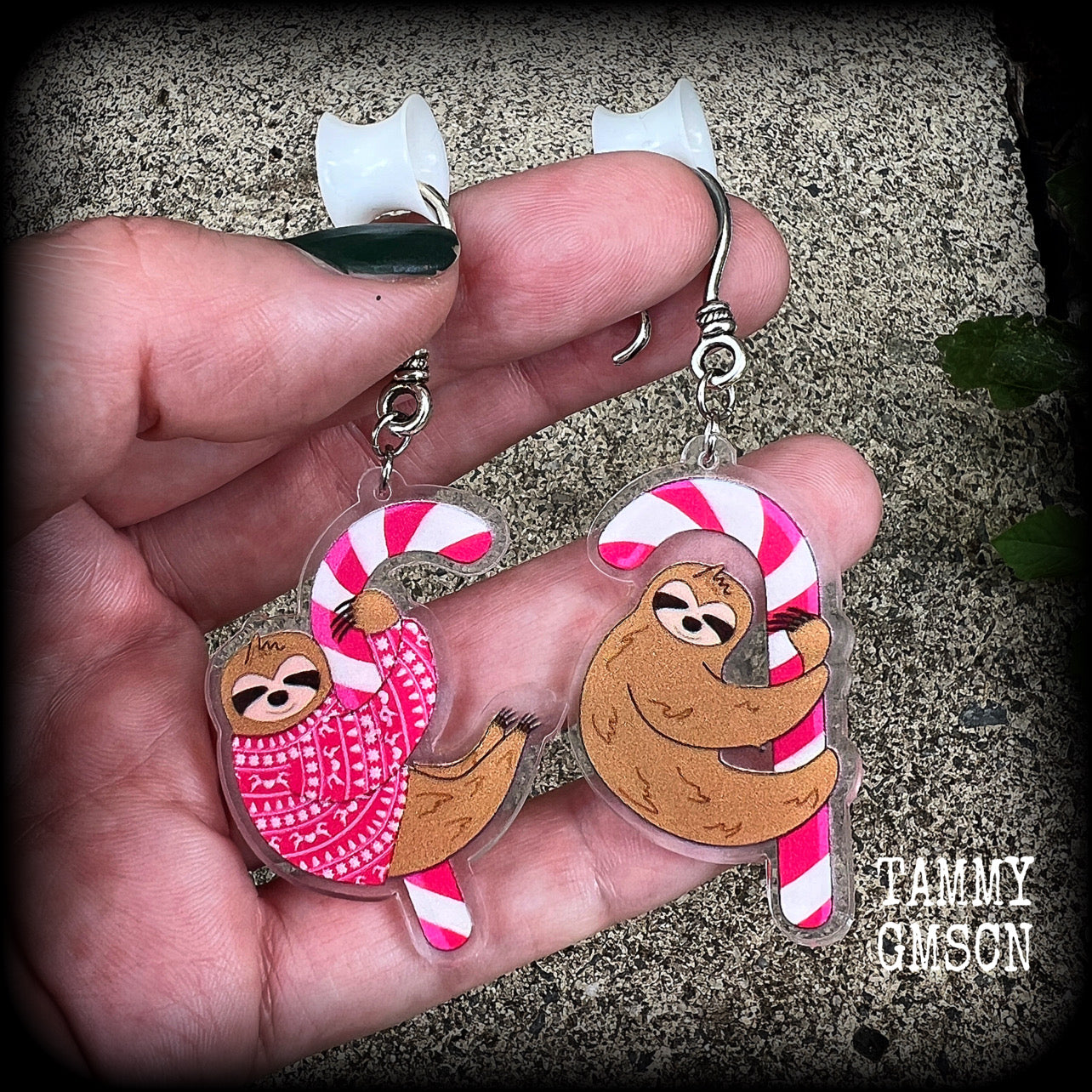 Sloth and Candy cane Christmas earrings