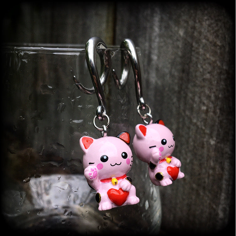 Pink Maneki Neko gauged earrings