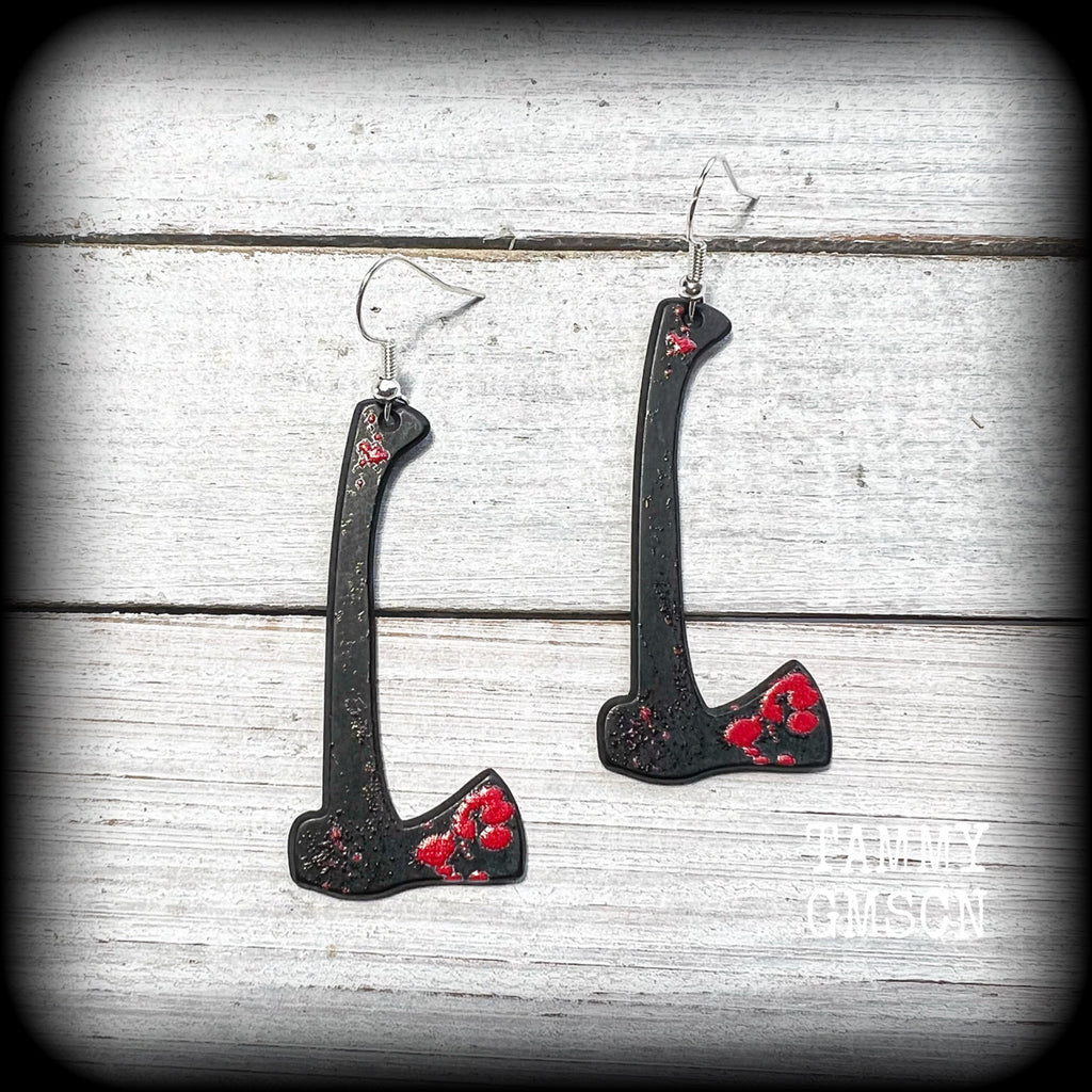 Horror punk earrings Axe earrings Halloween earrings Butcher earrings Axe murderer Pierced ears Ear gauges Horror punk jewelry Wednesday Fright night Horror movie Slasher movies Halloween jewelry Real life crime Murder mystery Decomp Zombie earrings