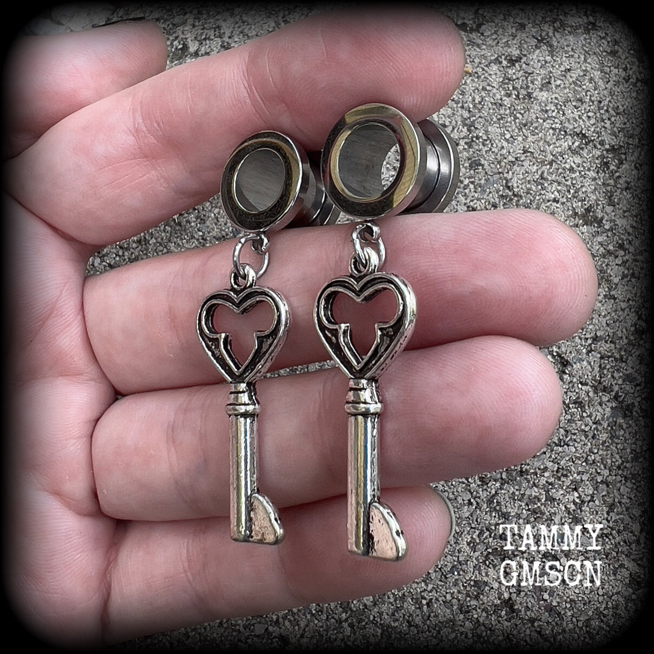 Antique silver key tunnel earrings