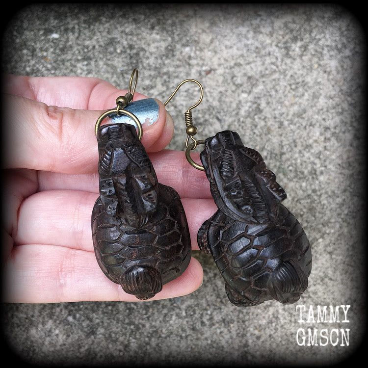 Dragon turtle earrings-Carved wood earrings