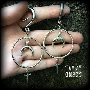 Crescent moon and dagger gauged earrings